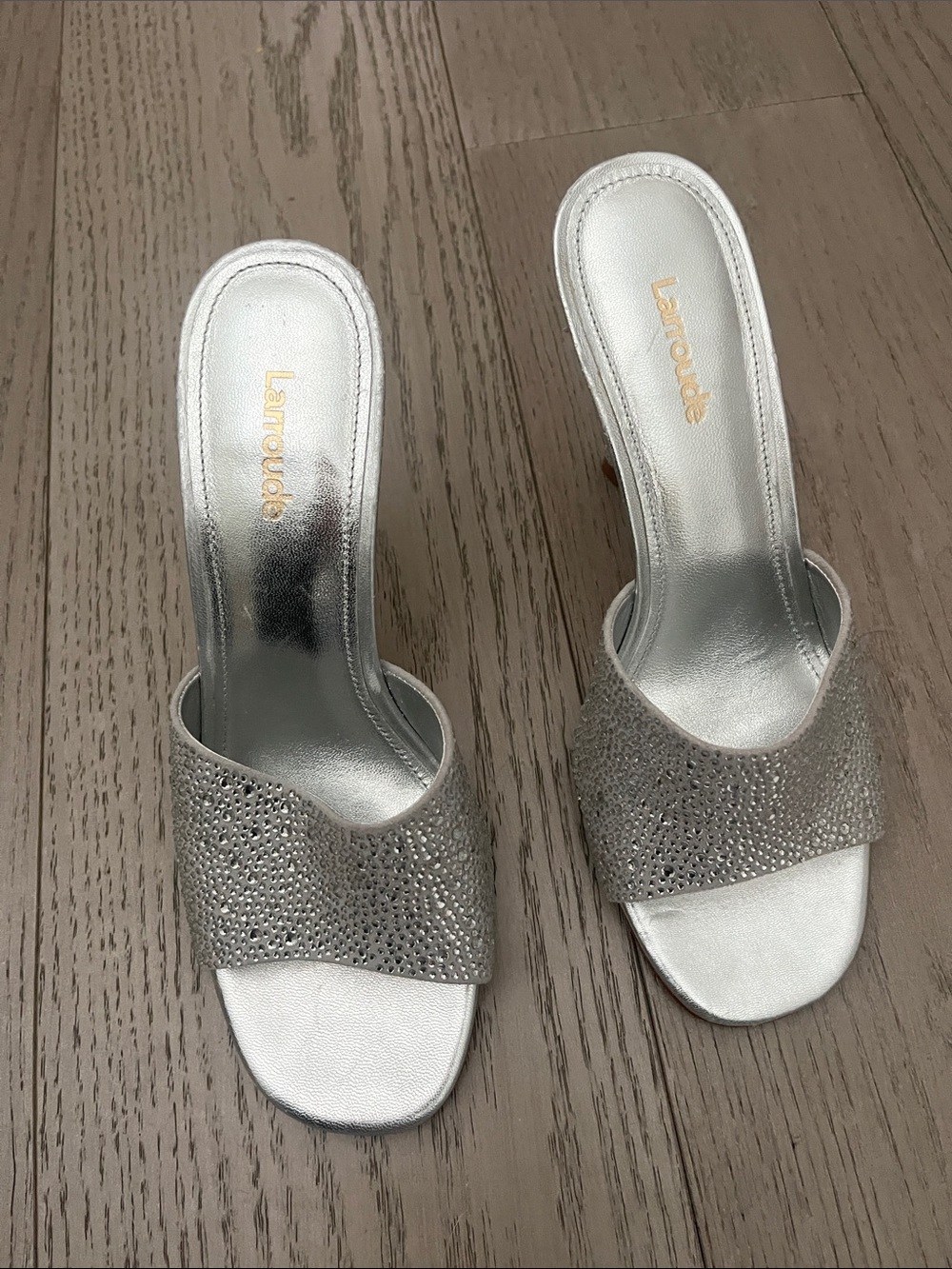 Larroude Colette Silver Y2K house Bunny Crystal Slide Mules 6.5 Heels 💎💎